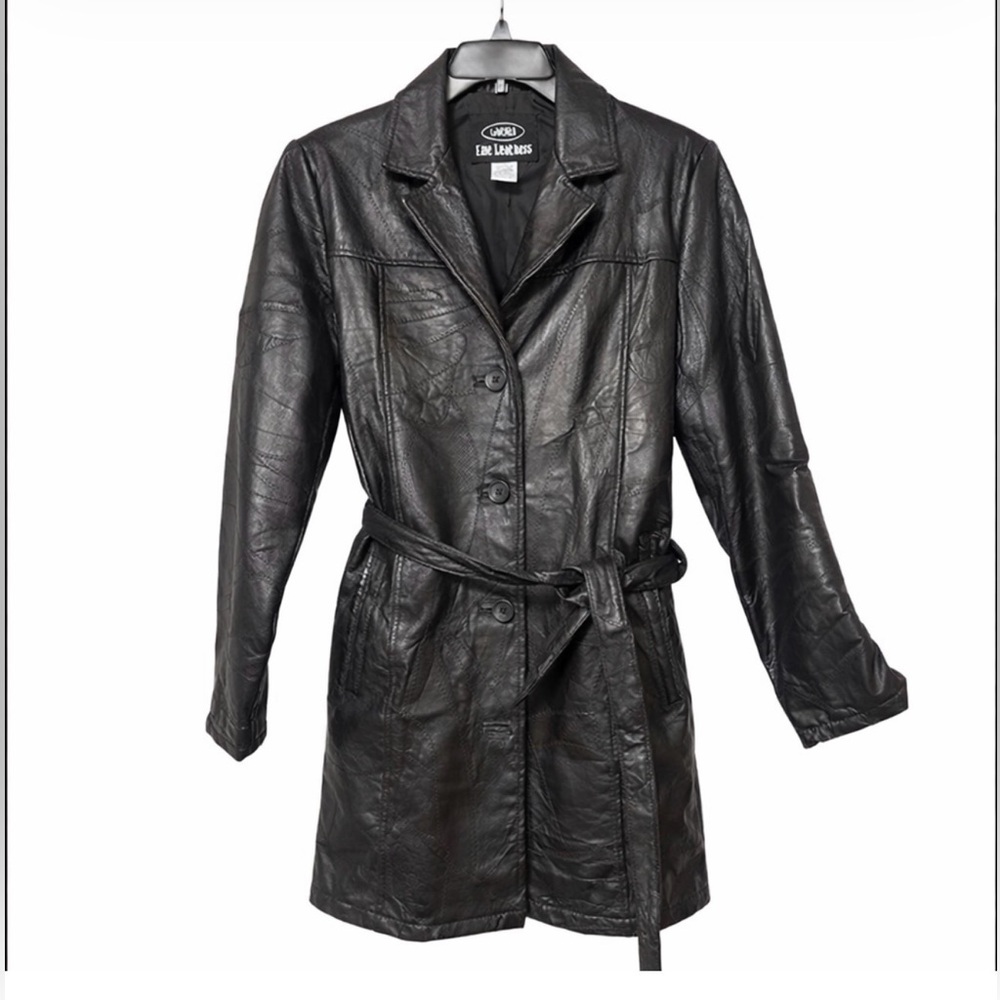 Black Genuine Leather Belted Trench Coat Patchwork Textured Women’s S LeWorld